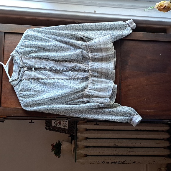 Free People size xs teal and brown print high collar ruffled beaded detail blous - Picture 1 of 7